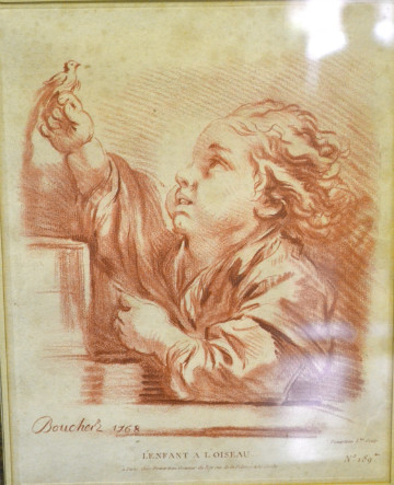 18th century L'enfant à l'oiseau - engraving by Boucher