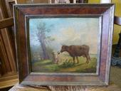 A panel painting of two cows