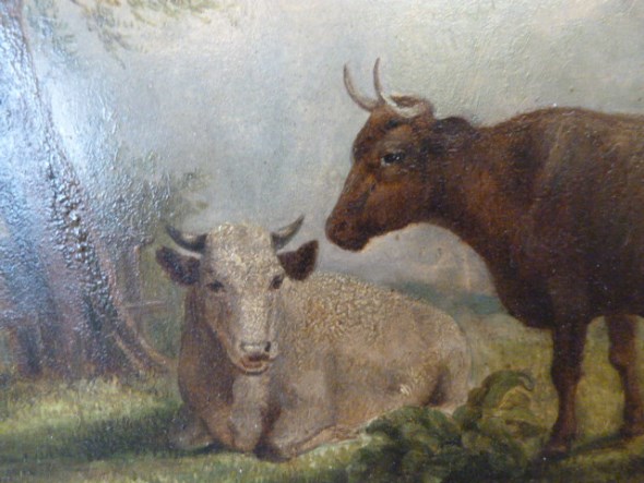 A panel painting of two cows